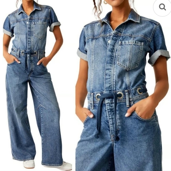 We The Free Denim - FREE PEOPLE EDISON WIDE LEG COVERALL OVERALL BLUE JEANS SIZE XS‎